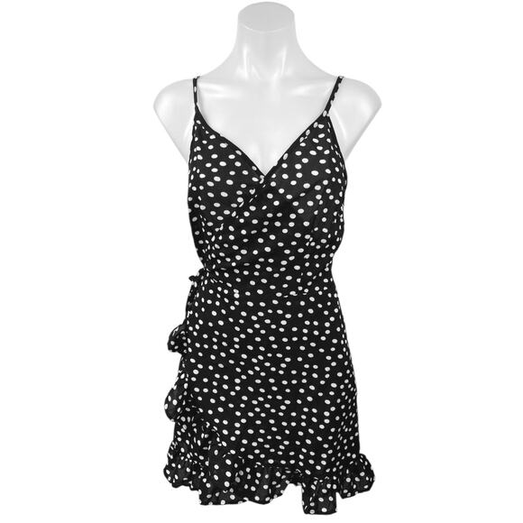 Princess Polly Black White Polka Dots Ruffle Sleeveless Mini Wrap Dress Size 8 - Picture 1 of 5